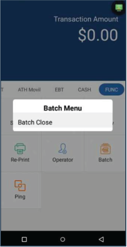 Presione Batch Close. El terminal imprimirá automáticamente un reporte condesado y un reporte de lote.