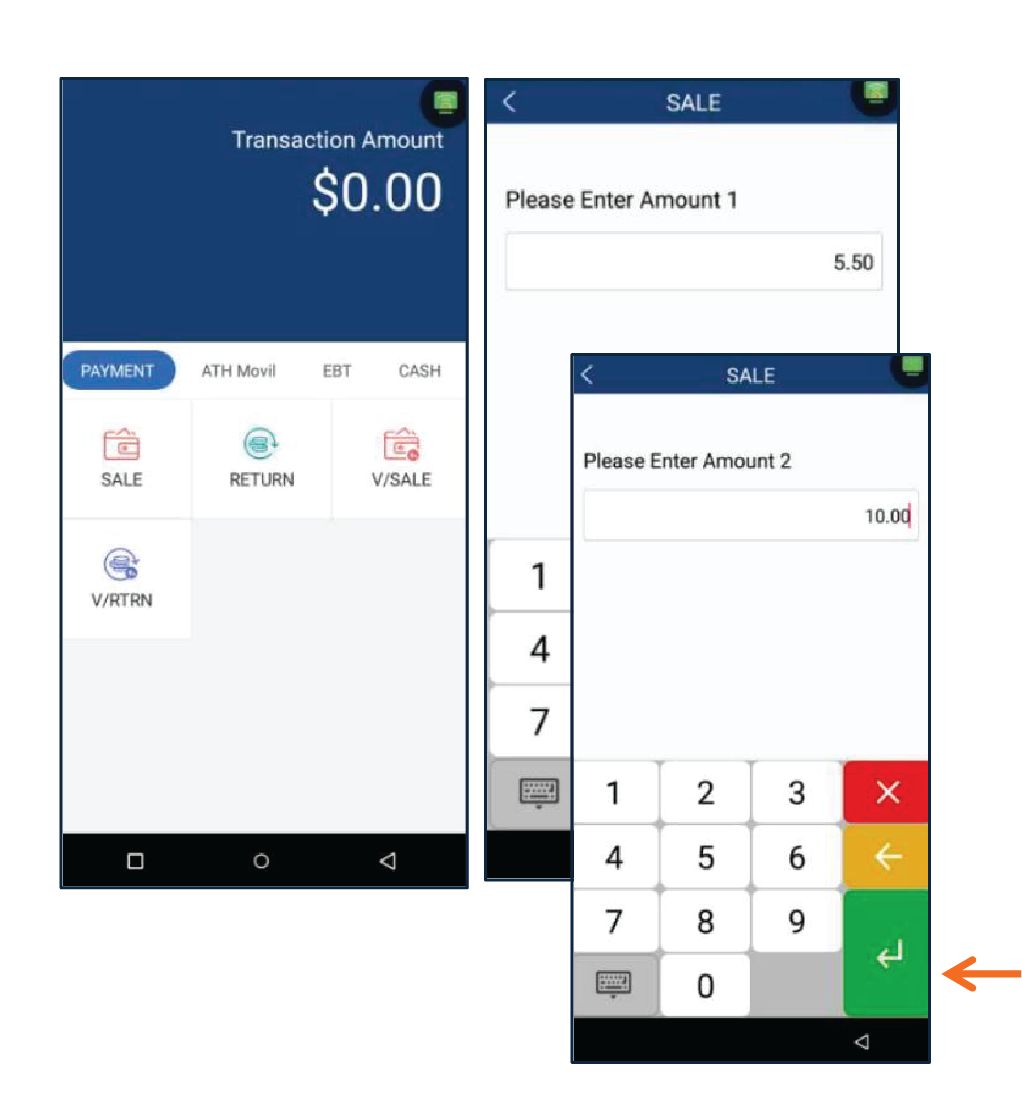 Presione Evertec que se encuentra en el menú principal. Luego, en la sección de Payment, presione Sale.