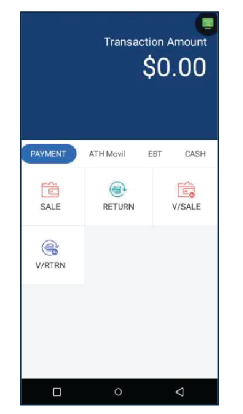 Presione Evertec que se encuentra en el menú principal. Luego, en la sección de Payment, presione Sale.