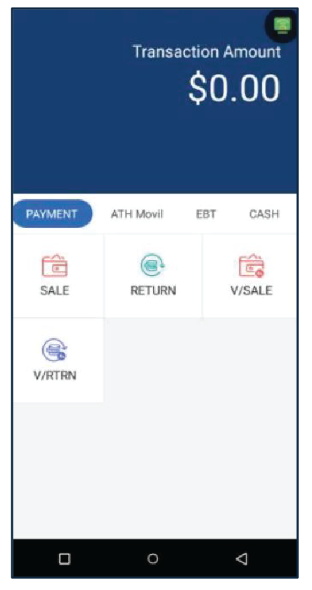 Presione Evertec que se encuentra en el menú principal. Luego, en la sección de Payment, presione Sale.