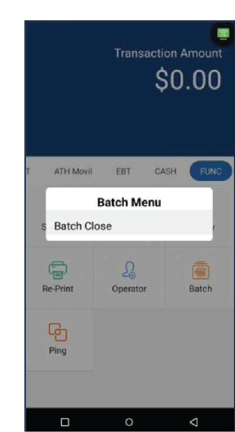 Presione Batch Close. El terminal imprimirá automáticamente un reporte condesado y un reporte de lote.