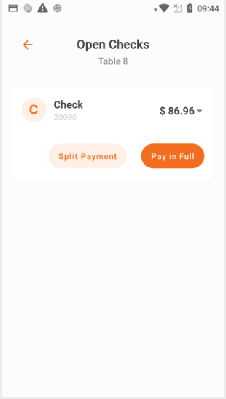 Seleccione la mesa y cuenta que se cerrará de la lista. Luego, presione Split Payment. Entre la cantidad del pago parcial que desea realizar. 