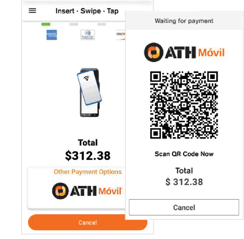 En la pantalla para insertar/deslizar/tocar la tarjeta, el cliente podrá pagar con tarjeta de crédito, débito o seleccionar ATH Móvil como opción de pago