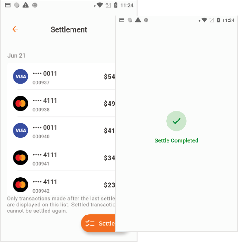 Se mostrará un listado de transacciones en pantalla. Presione Settle All para completar el depósito. El terminal confirmará si el depósito se ha completado exitosamente.