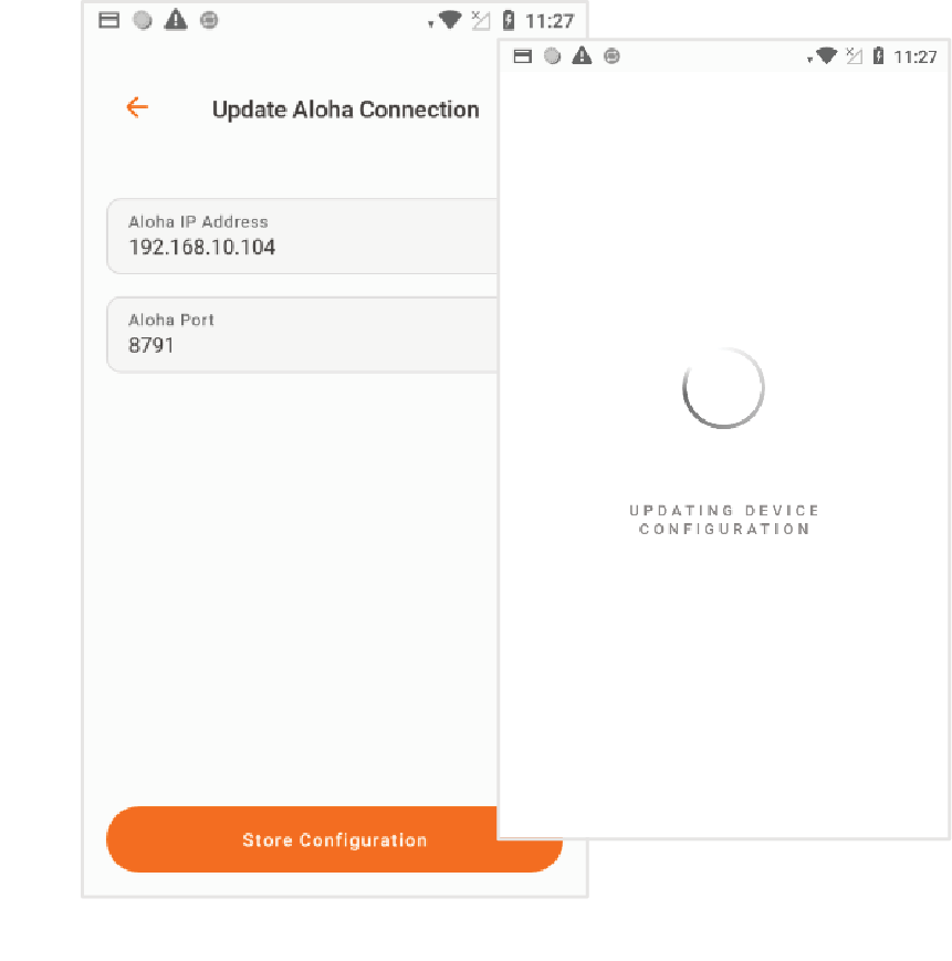 Entre la dirección de IP y puerto de Aloha. Luego, presione Store Configuration. El terminal hará una actualización de configuración. 